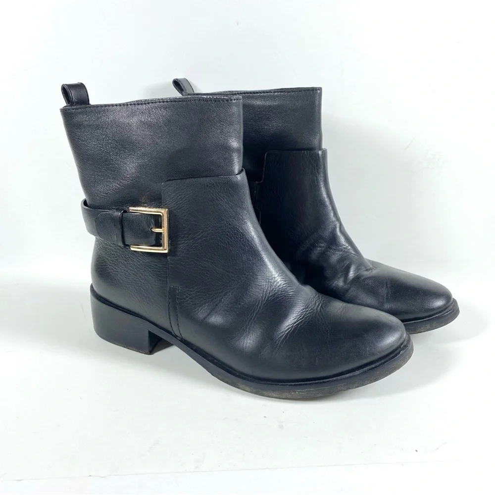 Tory Burch Black Tumbled Leather Moto Ankle Boots Mid Buckle Booties size 9